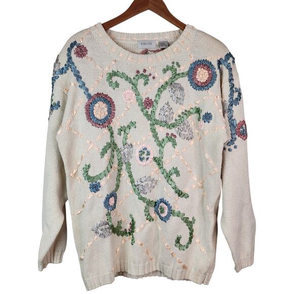 Vintage 90's Ashley Hill Coquette Ribbon Floral Sweater Size Large - Picture 1 of 8